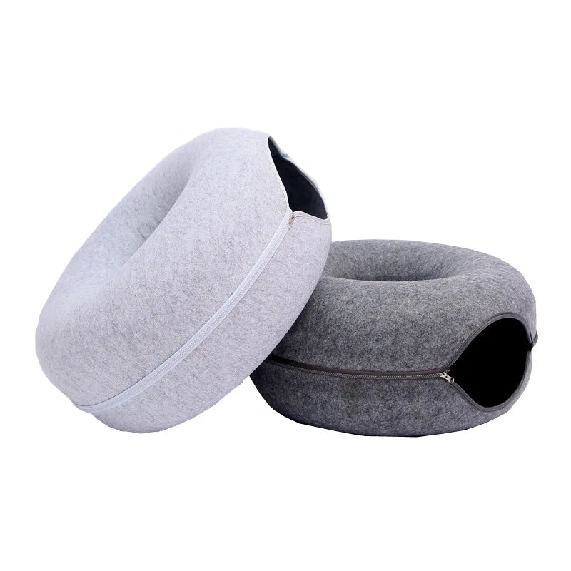 Lit pour chat en feutre double étage de luxe créatif en forme de donut, Peekaboo Cat Cave massif du fabricant, nouveau produit à succès pour animaux de compagnie