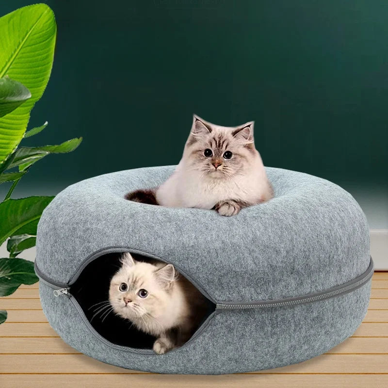 Lit pour chat en feutre double étage de luxe créatif en forme de donut, Peekaboo Cat Cave massif du fabricant, nouveau produit à succès pour animaux de compagnie