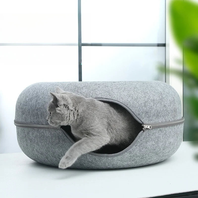 Lit pour chat en feutre double étage de luxe créatif en forme de donut, Peekaboo Cat Cave massif du fabricant, nouveau produit à succès pour animaux de compagnie