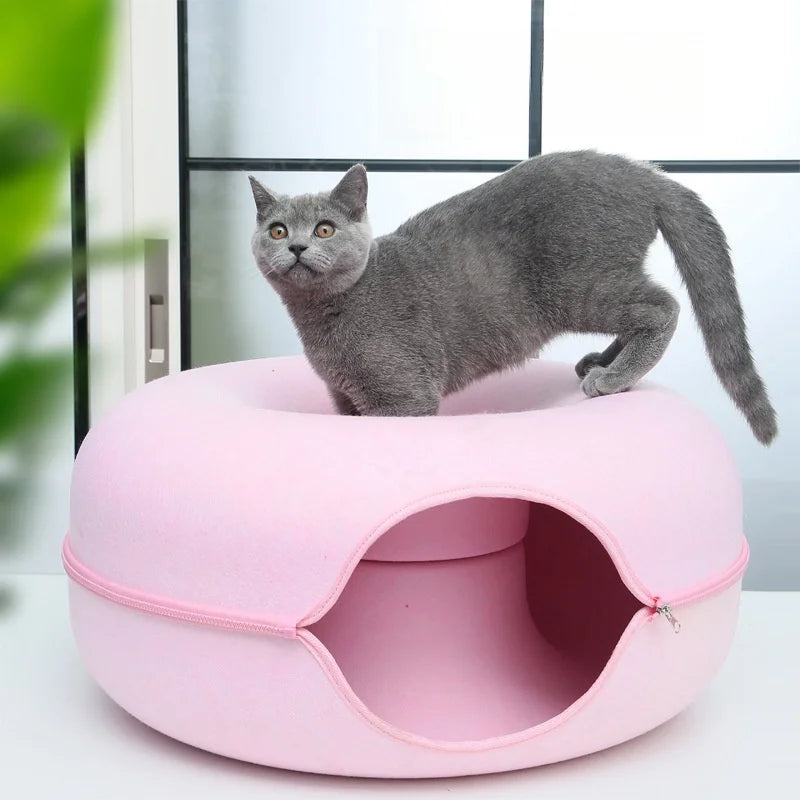 Lit pour chat en feutre double étage de luxe créatif en forme de donut, Peekaboo Cat Cave massif du fabricant, nouveau produit à succès pour animaux de compagnie